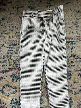 Banana Republic Cream & Navy Blue Polka Dot Jacquard Cropped Tailored Pants - 8